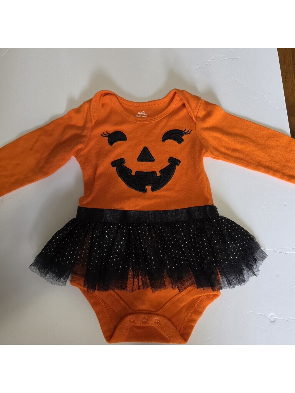 Girls 12 Months Orange Pumpkin Long Sleeve One Piece  Bodysuit with Black Tutu